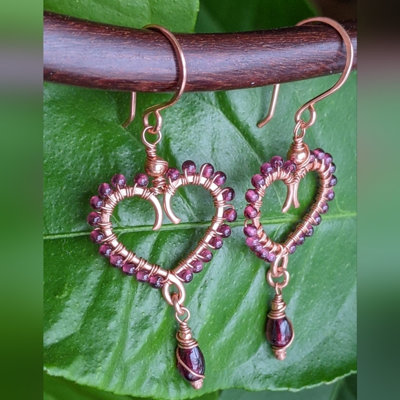 Garnet Heart Earrings Artisan Crafted Copper Design Dangle Drop - Picture 14 of 16